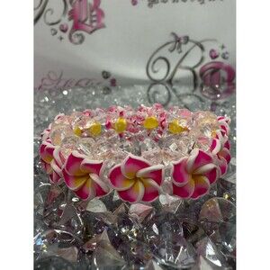 Bracelet anklet Pink & Yellow Plumeria Flower Stretch Bracelet - Women Jewelry